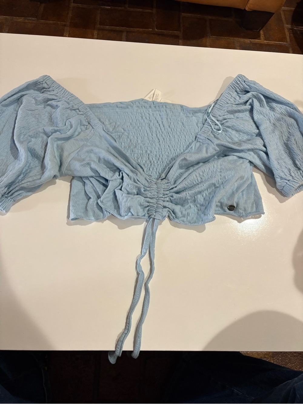 Roxy Light Blue Ruched Off-Shoulder Crop Top